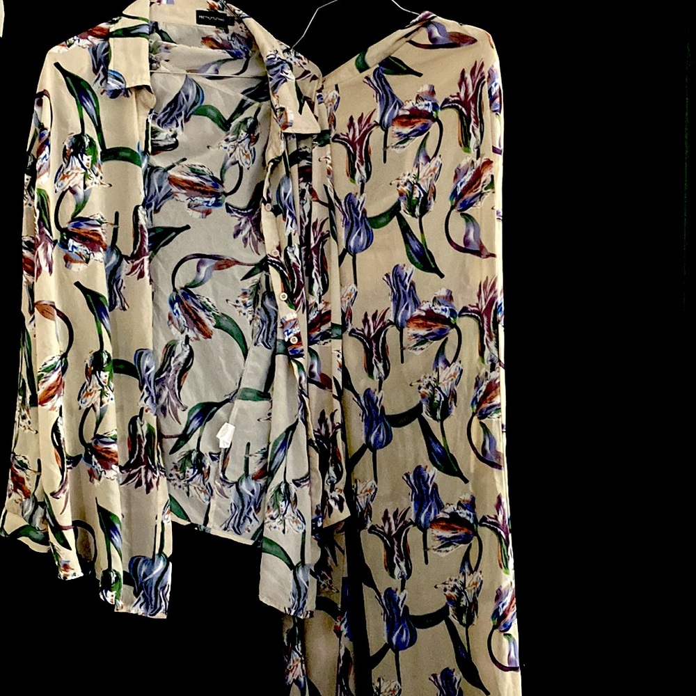 Floral Print two piece set with long button down shirt and pants